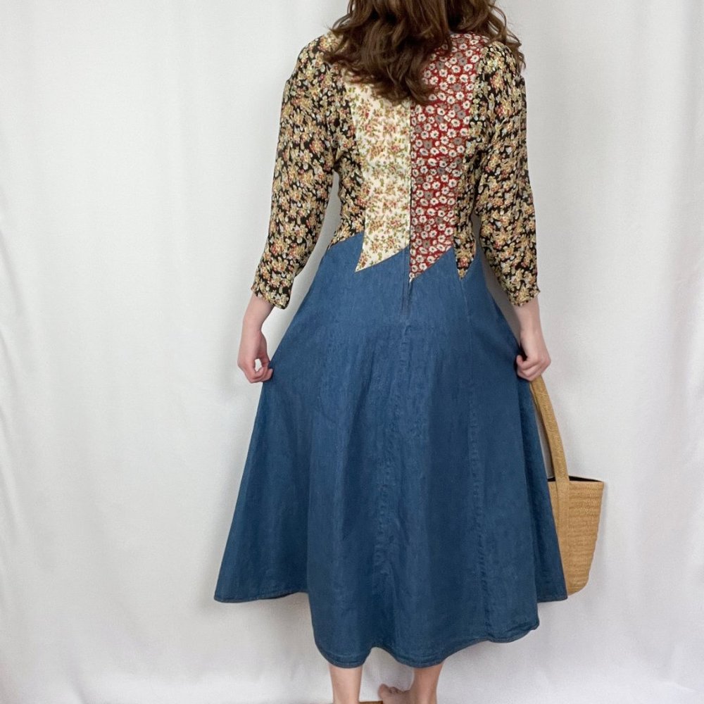 Stunning Vintage Cottagecore Patchwork Quilted Denim Midi Maxi Dress 70s 80s 90s - Picture 6 of 11